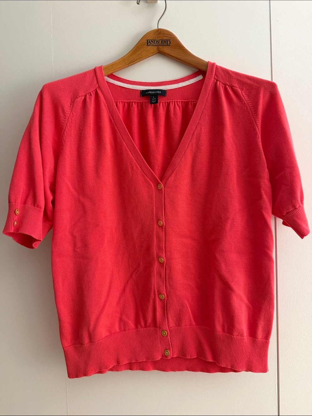 Lands' End Coral Button-Front Short Sleeve Knit Cardigan